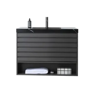 Matera 1 Drawer   1 Open Shelf Bathroom Vanity with Black Quartz Sink - Wall Mount - 36" Wood/Charcoal