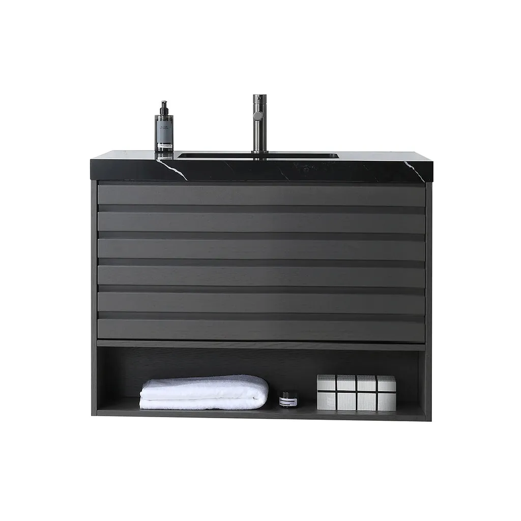Matera 1 Drawer   1 Open Shelf Bathroom Vanity with Black Quartz Sink - Wall Mount - 36" Wood/Charcoal