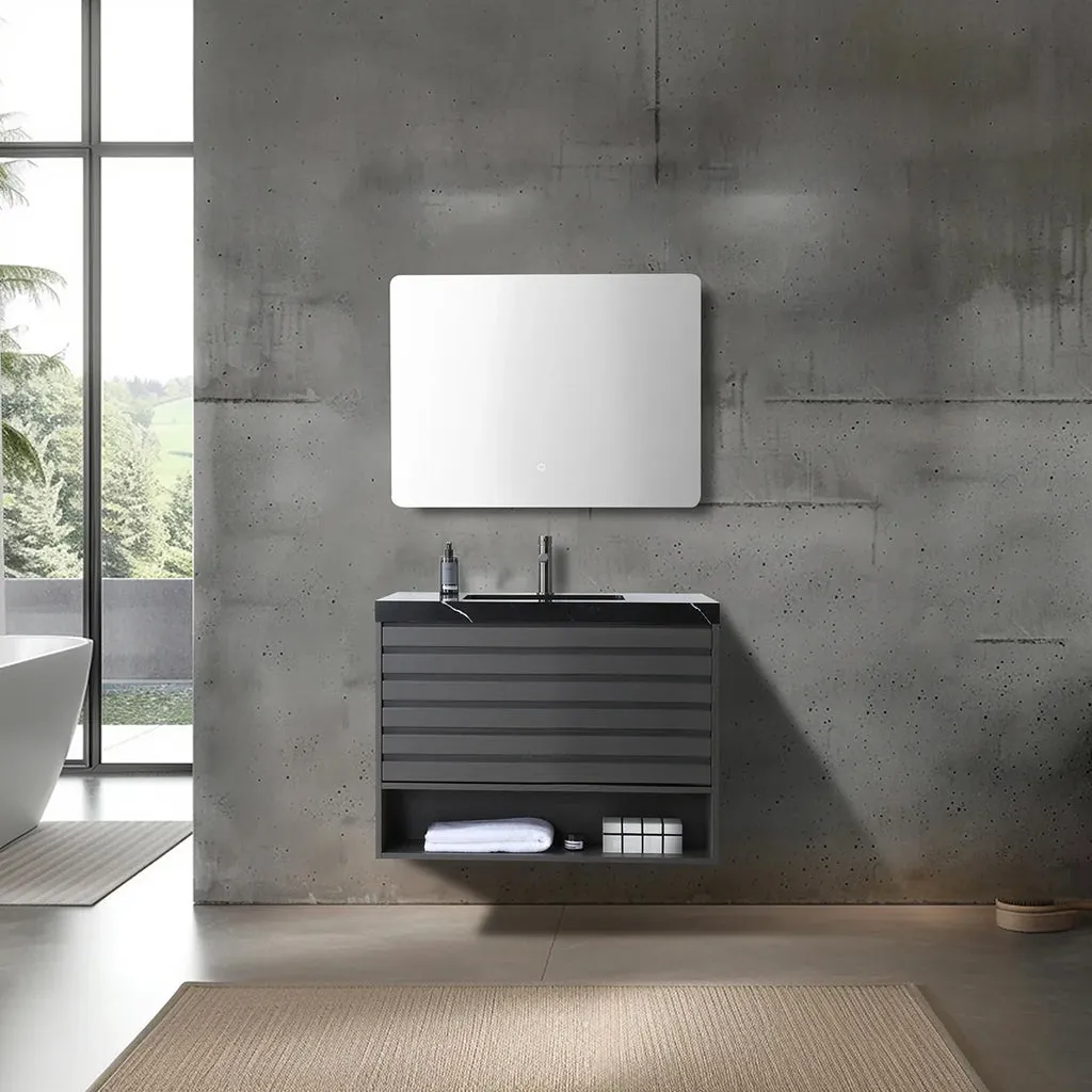 Matera 1 Drawer   1 Open Shelf Bathroom Vanity with Black Quartz Sink - Wall Mount - 36" Wood/Charcoal