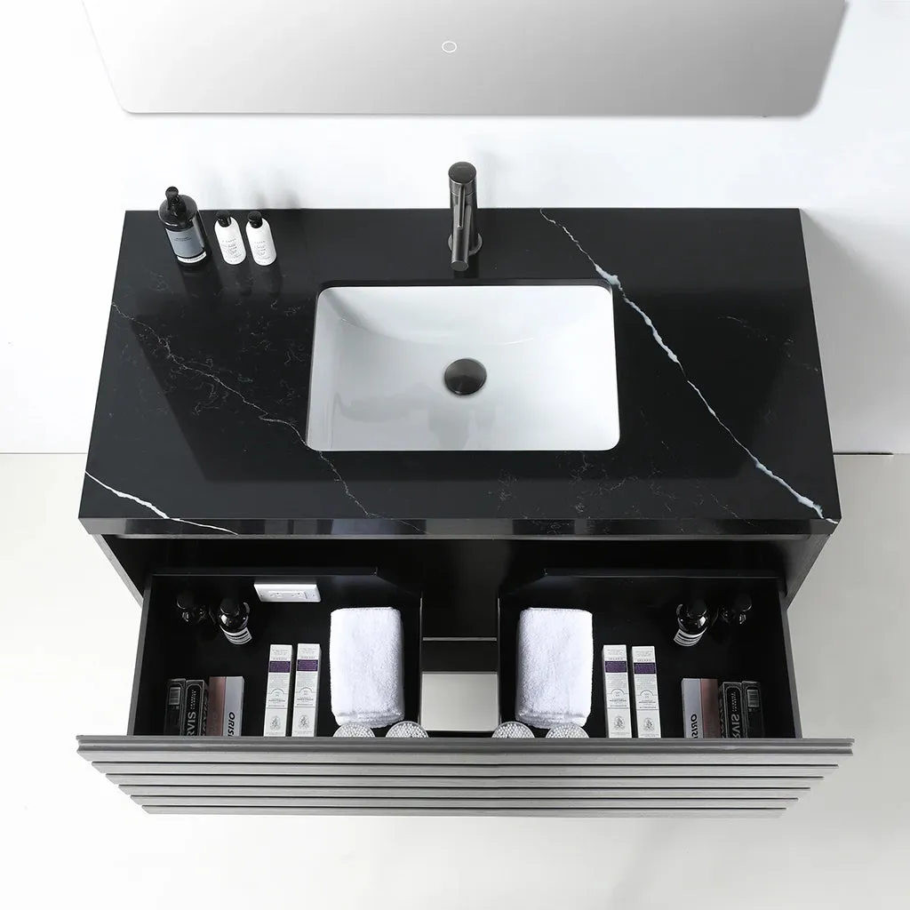 Matera 1 Drawer   1 Open Shelf Bathroom Vanity with Black Quartz Sink - Wall Mount - 36" Wood/Charcoal