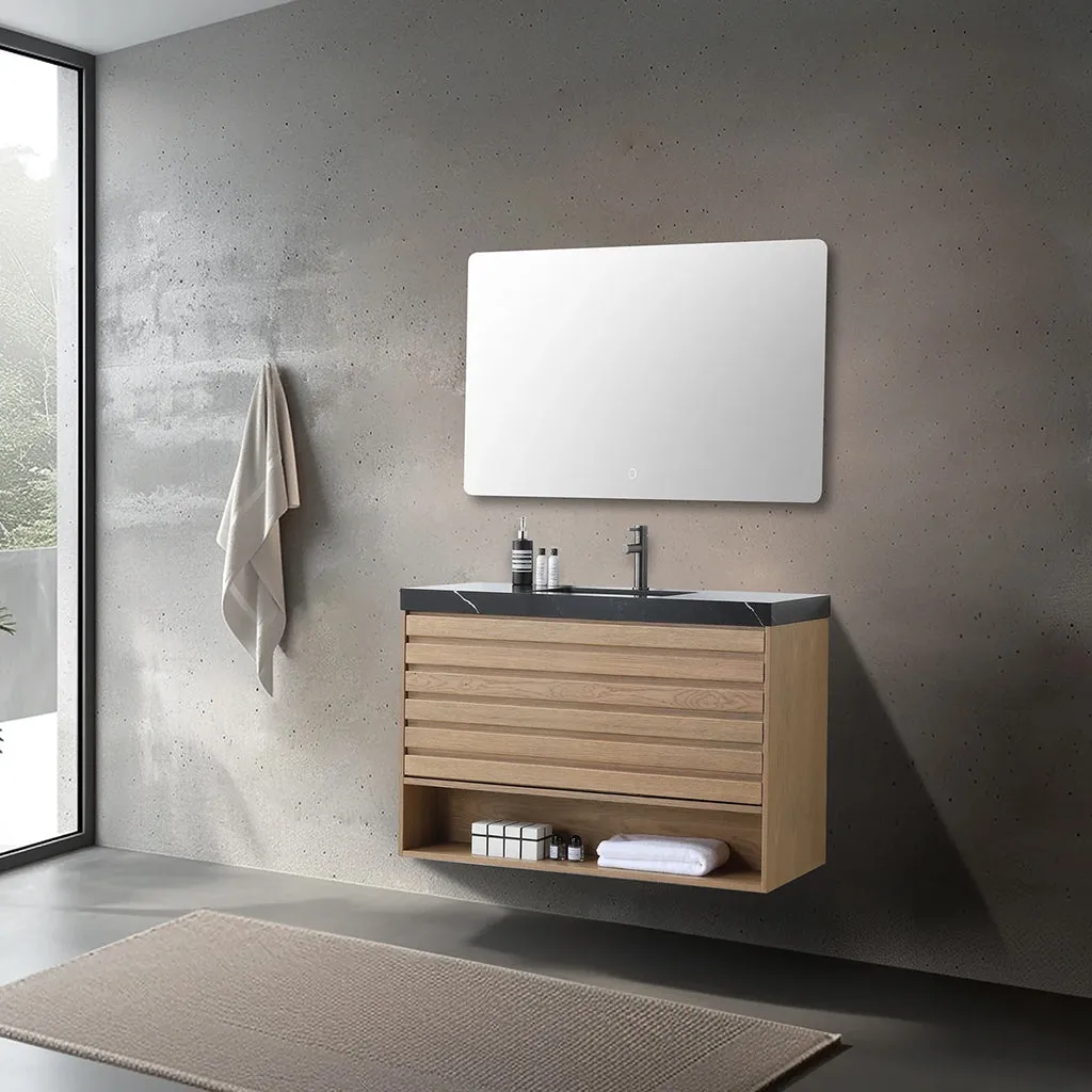 Matera 1 Drawer   1 Open Shelf Bathroom Vanity with Black Quartz Sink - Wall Mount - 36" Wood/Pecan Oak