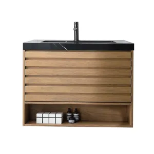 Matera 1 Drawer   1 Open Shelf Bathroom Vanity with Black Quartz Sink - Wall Mount - 36" Wood/Pecan Oak