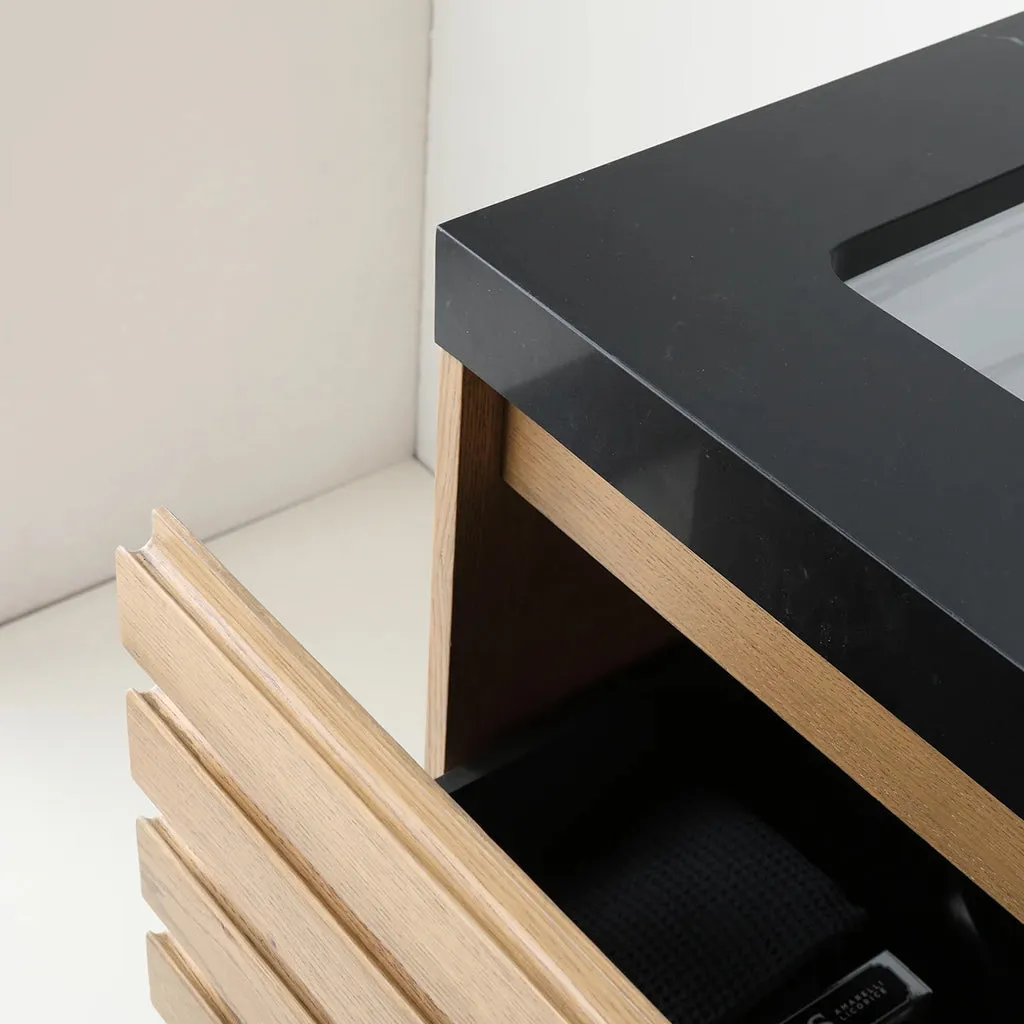 Matera 1 Drawer   1 Open Shelf Bathroom Vanity with Black Quartz Sink - Wall Mount - 36" Wood/Pecan Oak