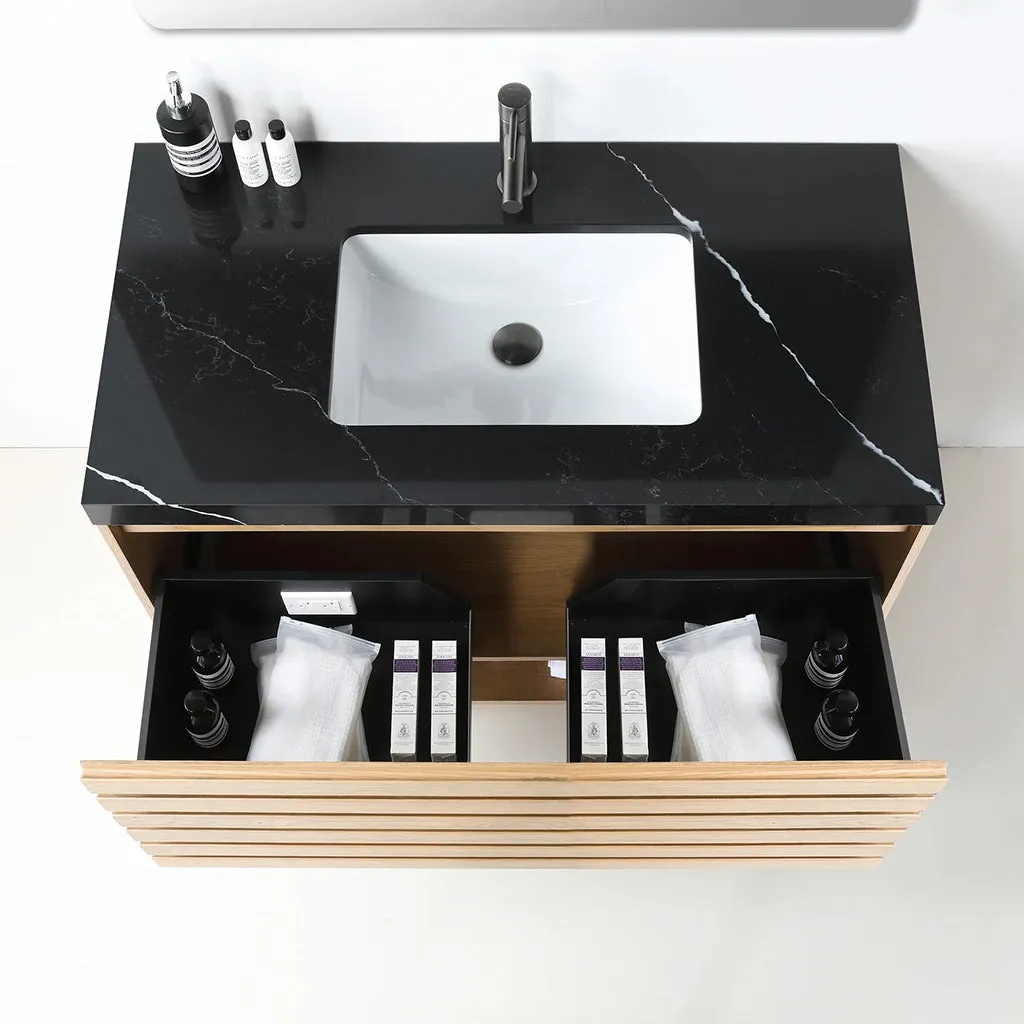 Matera 1 Drawer   1 Open Shelf Bathroom Vanity with Black Quartz Sink - Wall Mount - 36" Wood/Pecan Oak