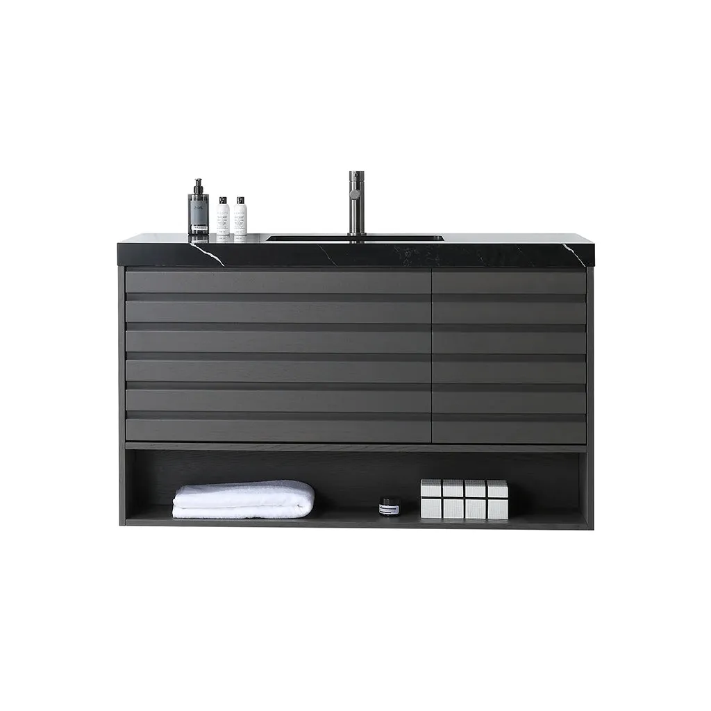 Matera 2 Drawers   1 Open Shelf Bathroom Vanity with Black Quartz Sink - Wall Mount - 48" Wood/Charcoal