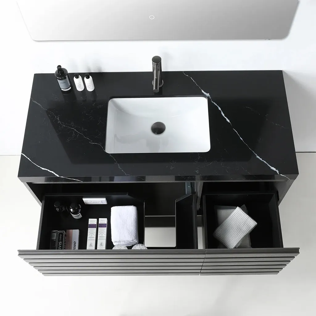 Matera 2 Drawers   1 Open Shelf Bathroom Vanity with Black Quartz Sink - Wall Mount - 48" Wood/Charcoal