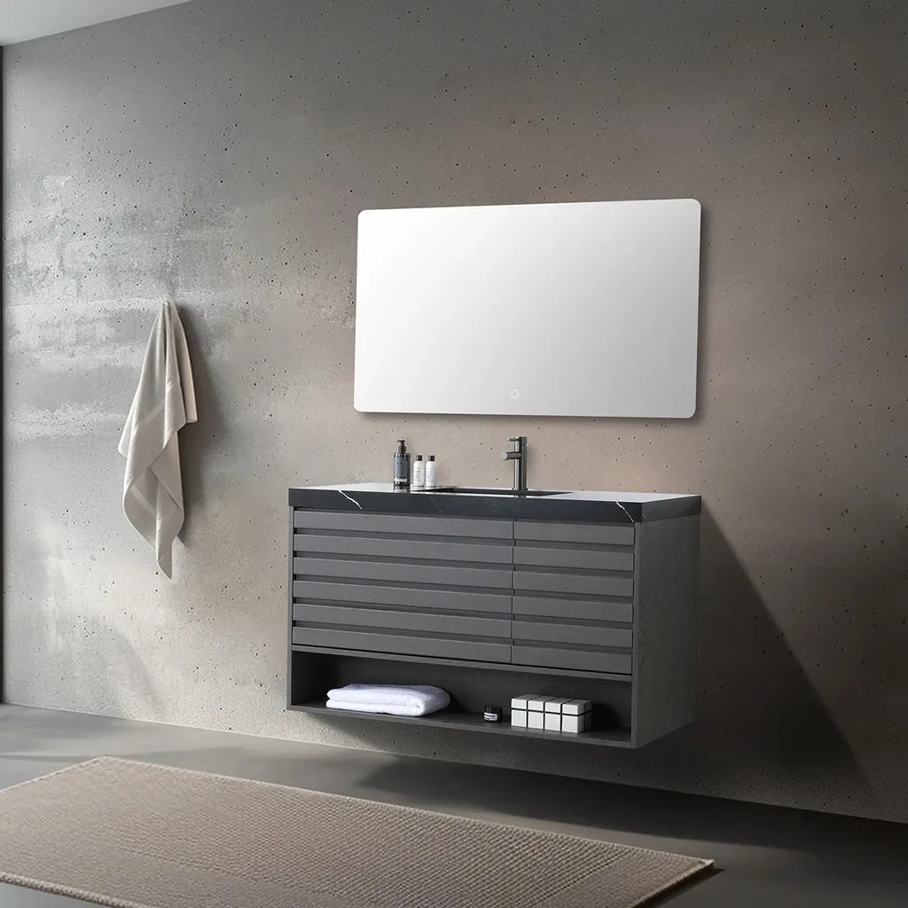 Matera 2 Drawers   1 Open Shelf Bathroom Vanity with Black Quartz Sink - Wall Mount - 48" Wood/Charcoal