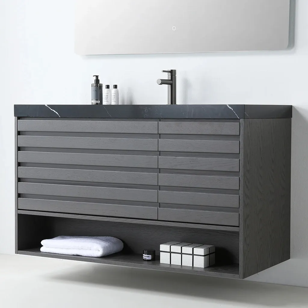 Matera 2 Drawers   1 Open Shelf Bathroom Vanity with Black Quartz Sink - Wall Mount - 48" Wood/Charcoal
