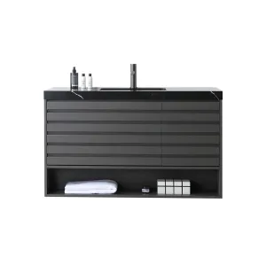 Matera 2 Drawers   1 Open Shelf Bathroom Vanity with Black Quartz Sink - Wall Mount - 48" Wood/Charcoal