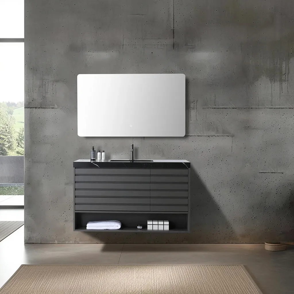 Matera 2 Drawers   1 Open Shelf Bathroom Vanity with Black Quartz Sink - Wall Mount - 48" Wood/Charcoal