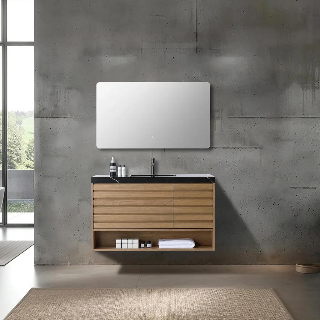 Matera 2 Drawers   1 Open Shelf Bathroom Vanity with Black Quartz Sink - Wall Mount - 48" Wood/Pecan Oak