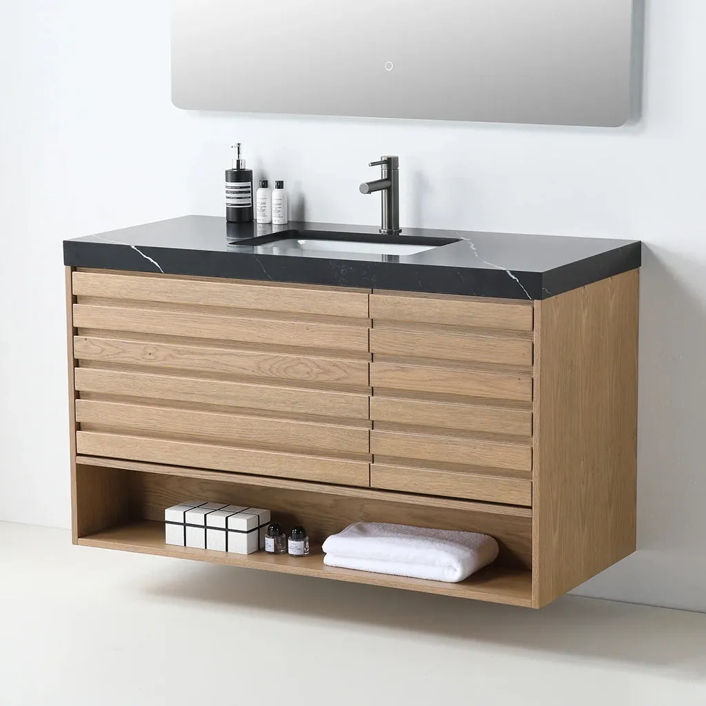 Matera 2 Drawers   1 Open Shelf Bathroom Vanity with Black Quartz Sink - Wall Mount - 48" Wood/Pecan Oak