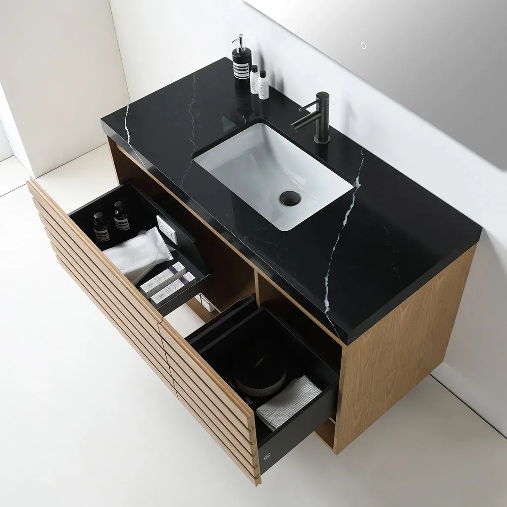 Matera 2 Drawers   1 Open Shelf Bathroom Vanity with Black Quartz Sink - Wall Mount - 48" Wood/Pecan Oak