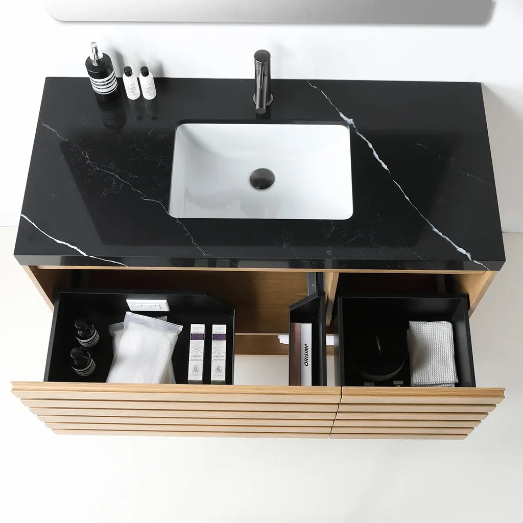 Matera 2 Drawers   1 Open Shelf Bathroom Vanity with Black Quartz Sink - Wall Mount - 48" Wood/Pecan Oak