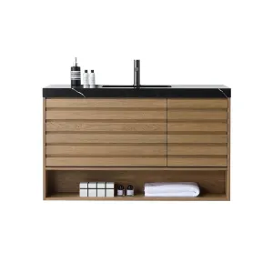 Matera 2 Drawers   1 Open Shelf Bathroom Vanity with Black Quartz Sink - Wall Mount - 48" Wood/Pecan Oak