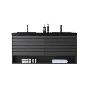 Matera 2 Drawers   1 Open Shelf Bathroom Vanity with Black Quartz Sink - Wall Mount - 60" Wood/Charcoal