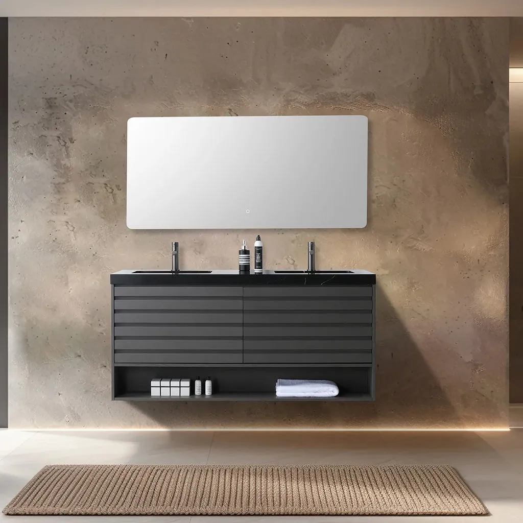 Matera 2 Drawers   1 Open Shelf Bathroom Vanity with Black Quartz Sink - Wall Mount - 60" Wood/Charcoal