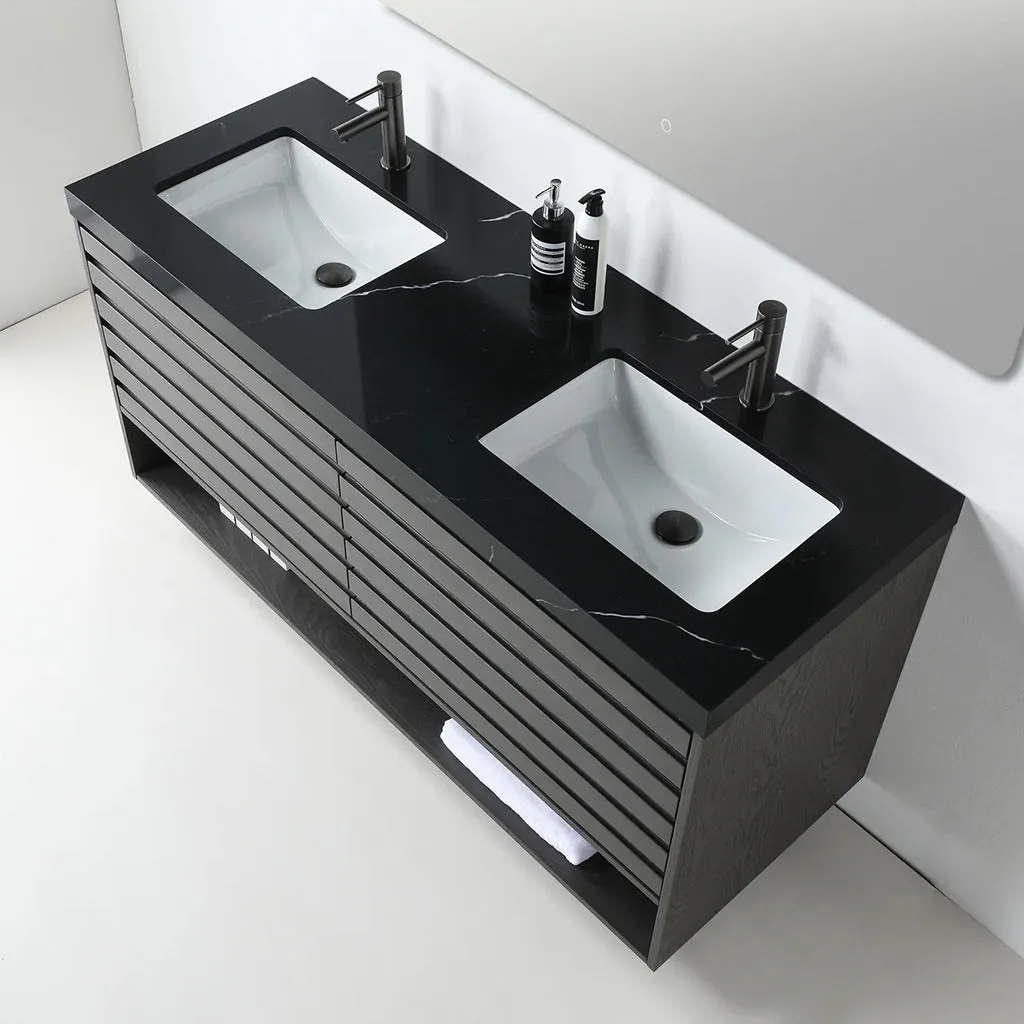 Matera 2 Drawers   1 Open Shelf Bathroom Vanity with Black Quartz Sink - Wall Mount - 60" Wood/Charcoal