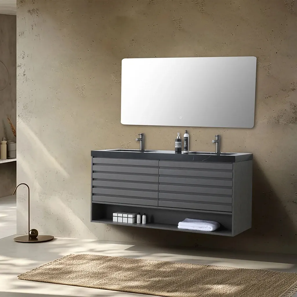 Matera 2 Drawers   1 Open Shelf Bathroom Vanity with Black Quartz Sink - Wall Mount - 60" Wood/Charcoal