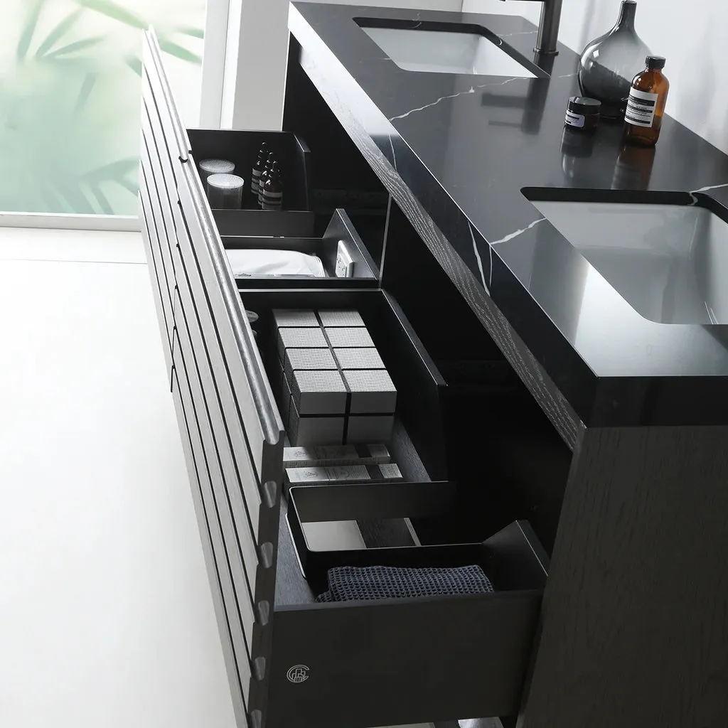 Matera 2 Drawers   1 Open Shelf Bathroom Vanity with Black Quartz Sink - Wall Mount - 60" Wood/Charcoal
