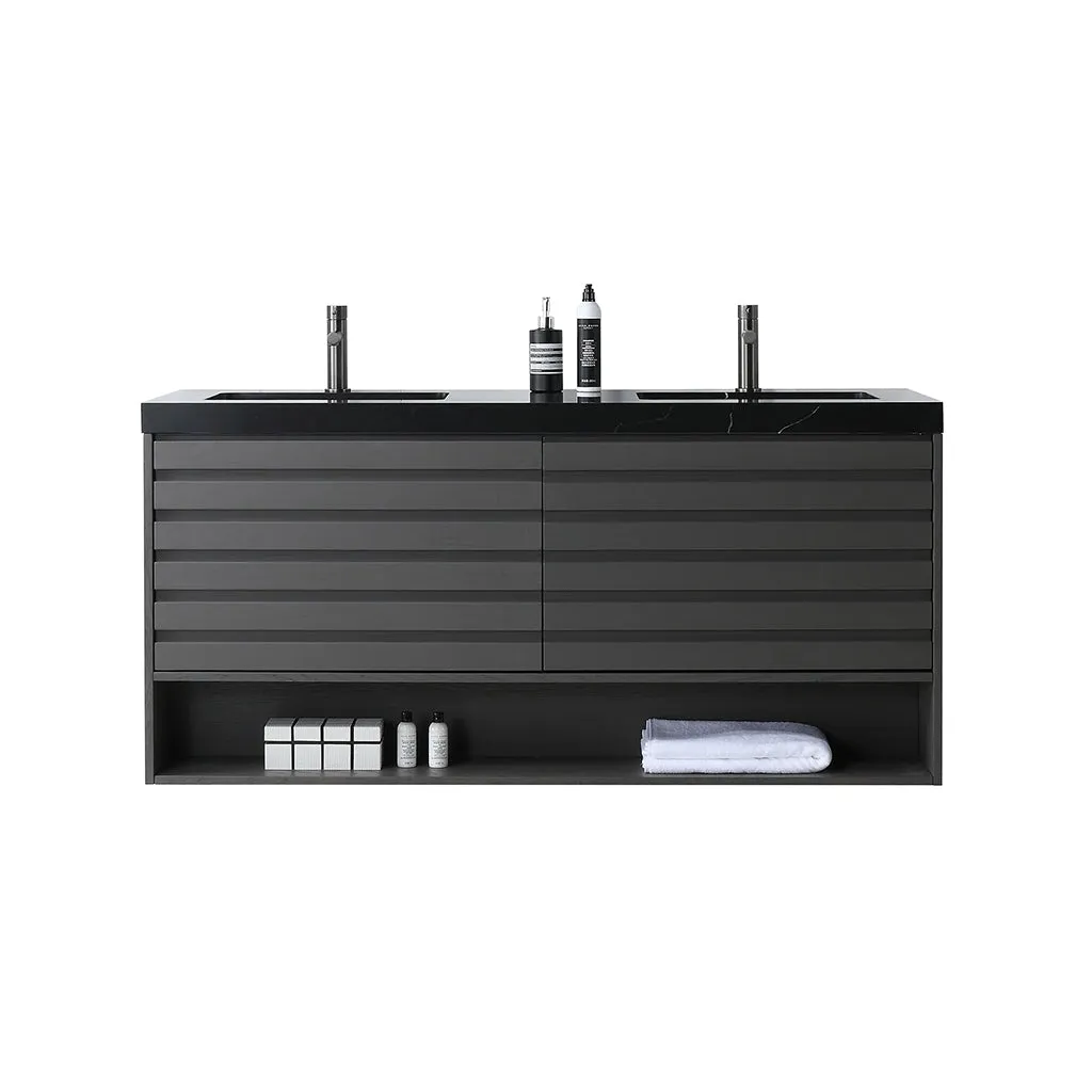 Matera 2 Drawers   1 Open Shelf Bathroom Vanity with Black Quartz Sink - Wall Mount - 60" Wood/Charcoal