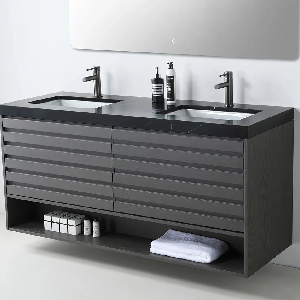 Matera 2 Drawers   1 Open Shelf Bathroom Vanity with Black Quartz Sink - Wall Mount - 60" Wood/Charcoal