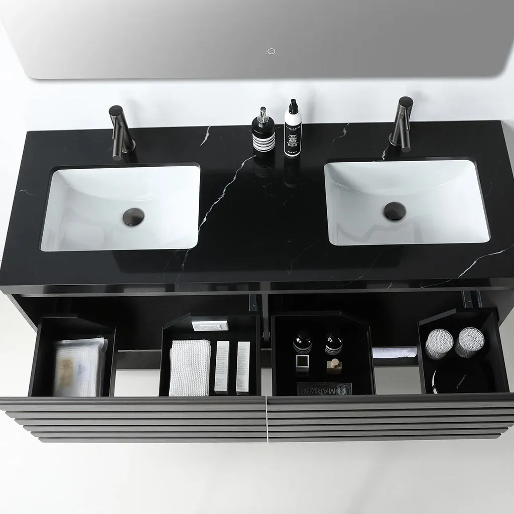 Matera 2 Drawers   1 Open Shelf Bathroom Vanity with Black Quartz Sink - Wall Mount - 60" Wood/Charcoal