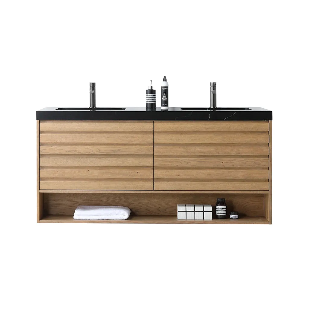 Matera 2 Drawers   1 Open Shelf Bathroom Vanity with Black Quartz Sink - Wall Mount - 60" Wood/Pecan Oak