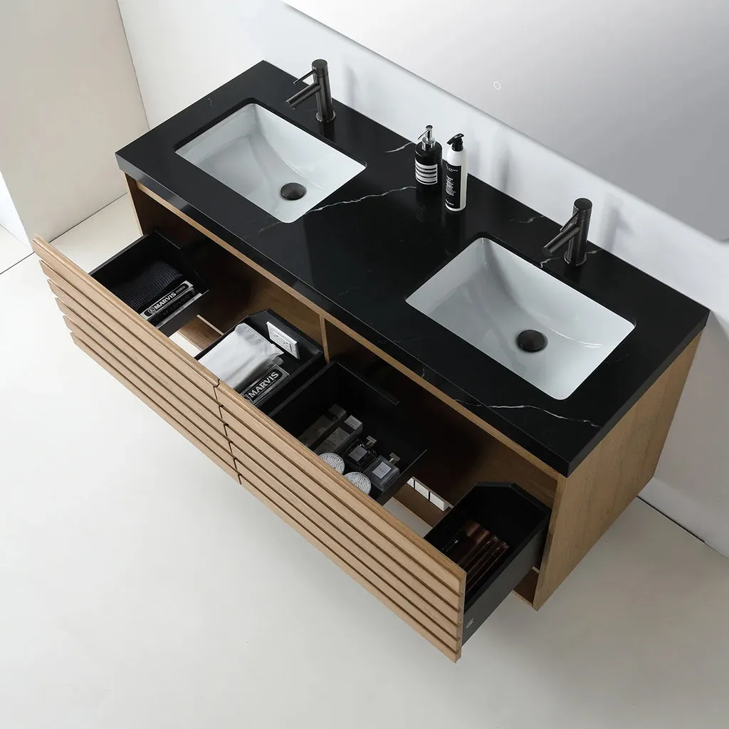 Matera 2 Drawers   1 Open Shelf Bathroom Vanity with Black Quartz Sink - Wall Mount - 60" Wood/Pecan Oak