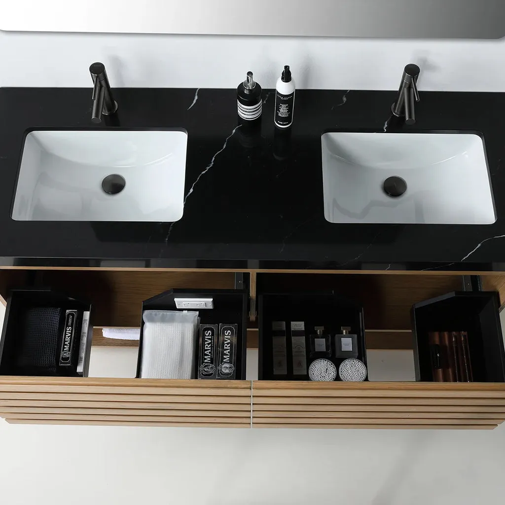 Matera 2 Drawers   1 Open Shelf Bathroom Vanity with Black Quartz Sink - Wall Mount - 60" Wood/Pecan Oak