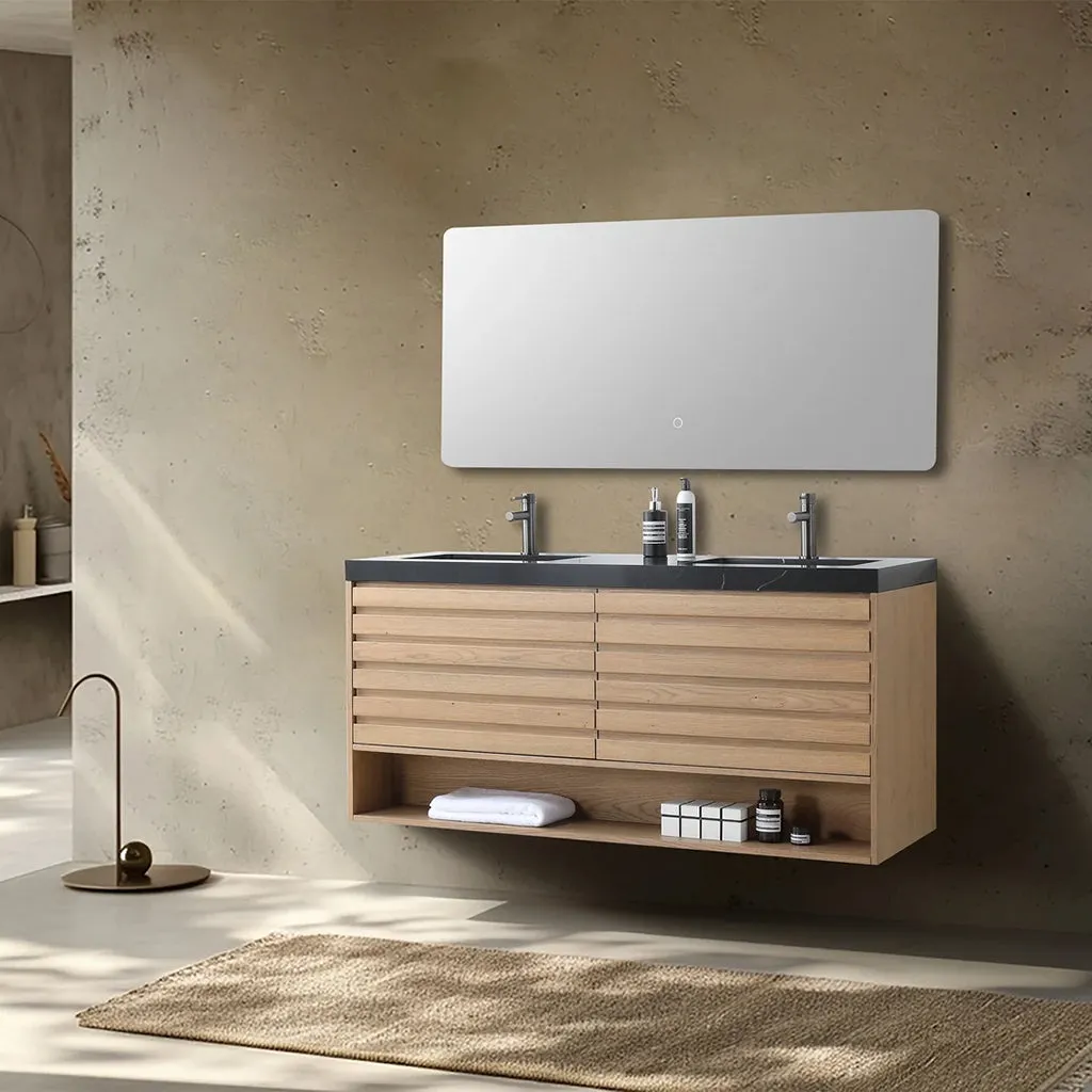 Matera 2 Drawers   1 Open Shelf Bathroom Vanity with Black Quartz Sink - Wall Mount - 60" Wood/Pecan Oak