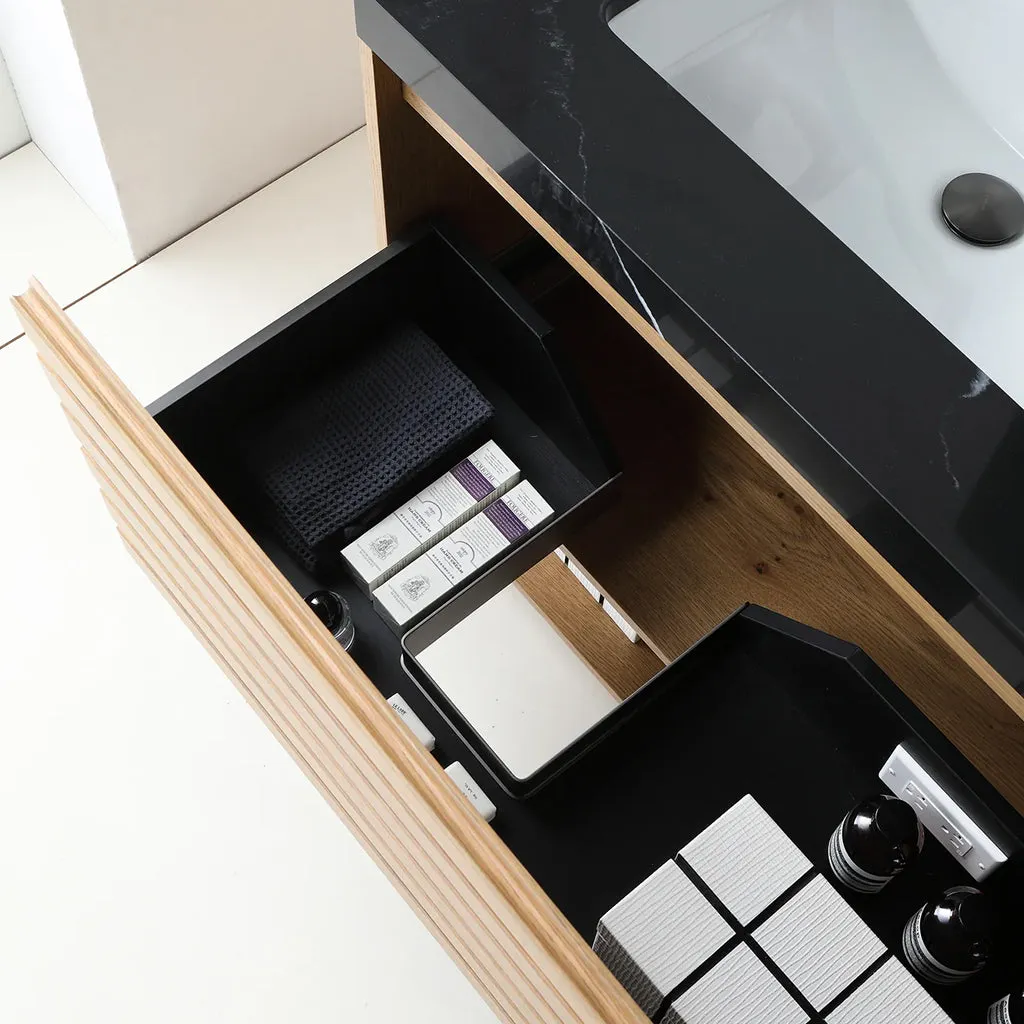Matera 2 Drawers   1 Open Shelf Bathroom Vanity with Black Quartz Sink - Wall Mount - 60" Wood/Pecan Oak