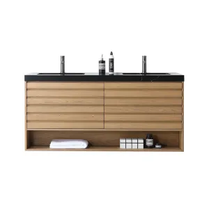 Matera 2 Drawers   1 Open Shelf Bathroom Vanity with Black Quartz Sink - Wall Mount - 60" Wood/Pecan Oak