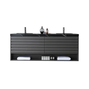 Matera 2 Drawers   1 Open Shelf Bathroom Vanity with Black Quartz Sink - Wall Mount - 72" Wood/Charcoal