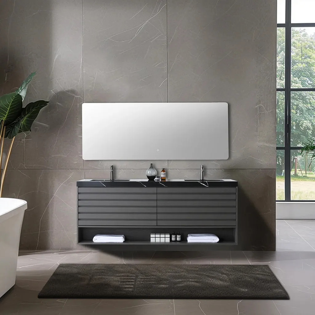 Matera 2 Drawers   1 Open Shelf Bathroom Vanity with Black Quartz Sink - Wall Mount - 72" Wood/Charcoal