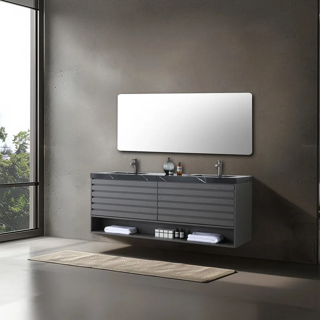 Matera 2 Drawers   1 Open Shelf Bathroom Vanity with Black Quartz Sink - Wall Mount - 72" Wood/Charcoal
