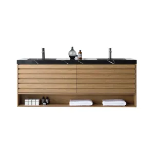 Matera 2 Drawers   1 Open Shelf Bathroom Vanity with Black Quartz Sink - Wall Mount - 72" Wood/Pecan Oak