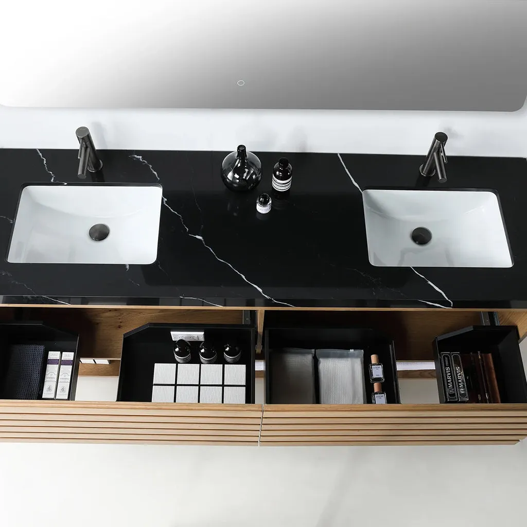 Matera 2 Drawers   1 Open Shelf Bathroom Vanity with Black Quartz Sink - Wall Mount - 72" Wood/Pecan Oak