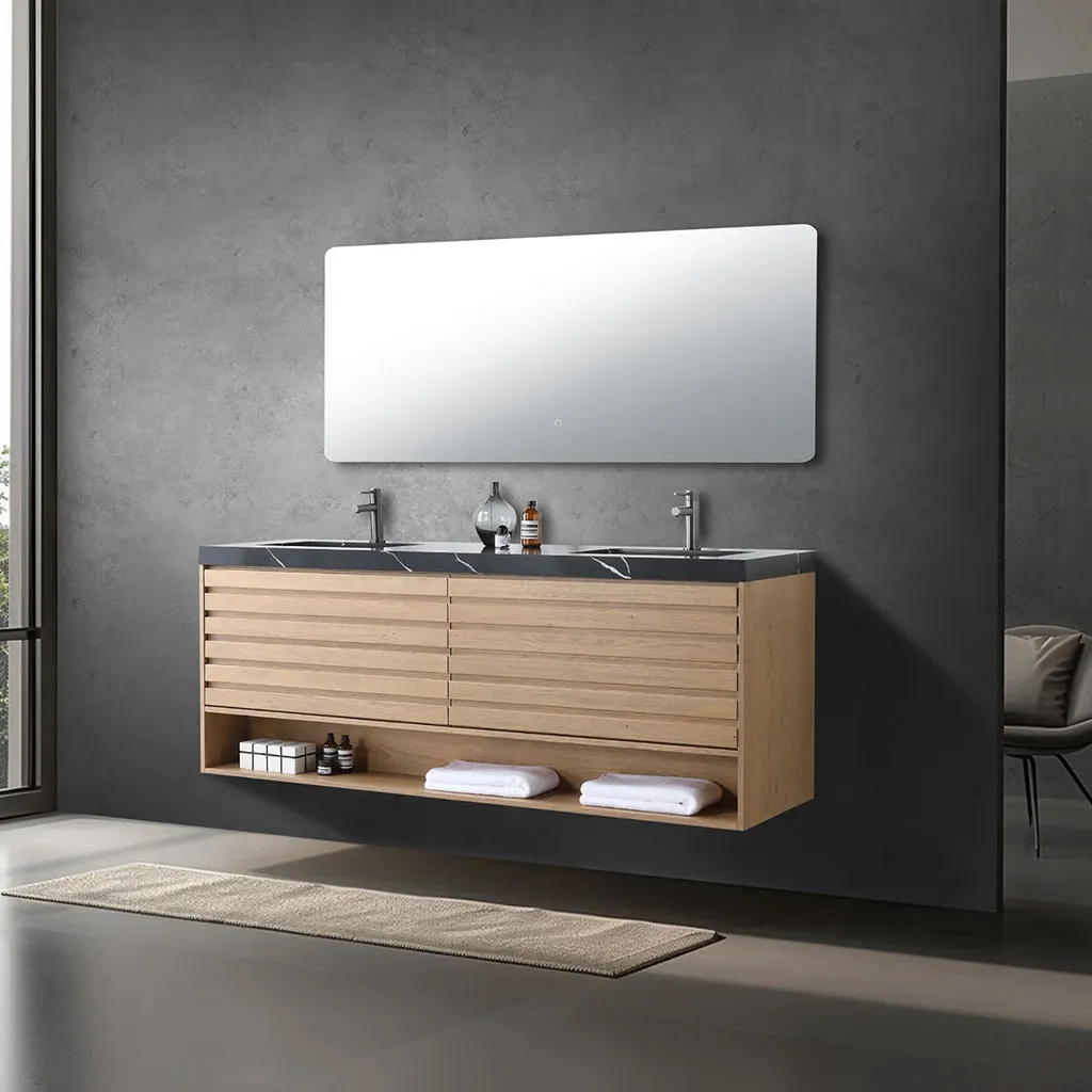 Matera 2 Drawers   1 Open Shelf Bathroom Vanity with Black Quartz Sink - Wall Mount - 72" Wood/Pecan Oak