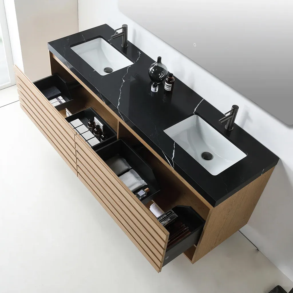 Matera 2 Drawers   1 Open Shelf Bathroom Vanity with Black Quartz Sink - Wall Mount - 72" Wood/Pecan Oak