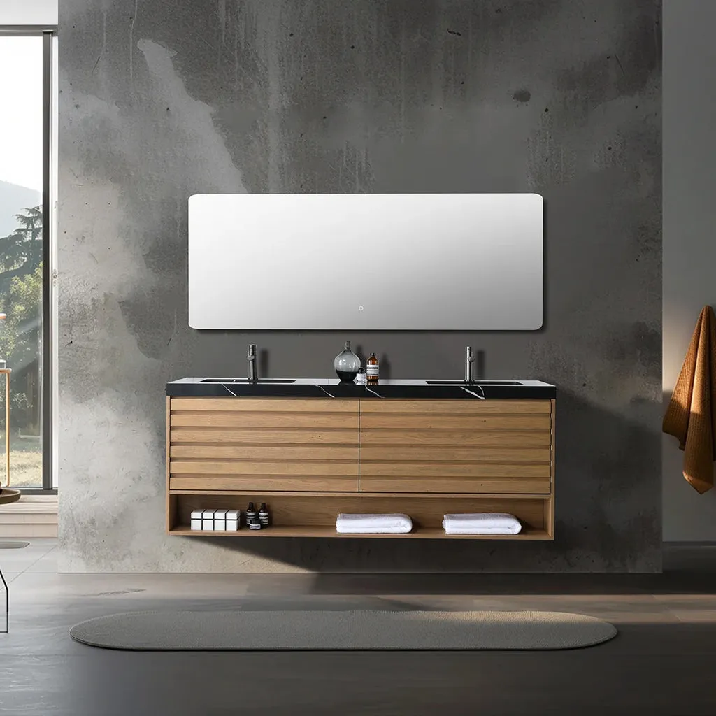 Matera 2 Drawers   1 Open Shelf Bathroom Vanity with Black Quartz Sink - Wall Mount - 72" Wood/Pecan Oak