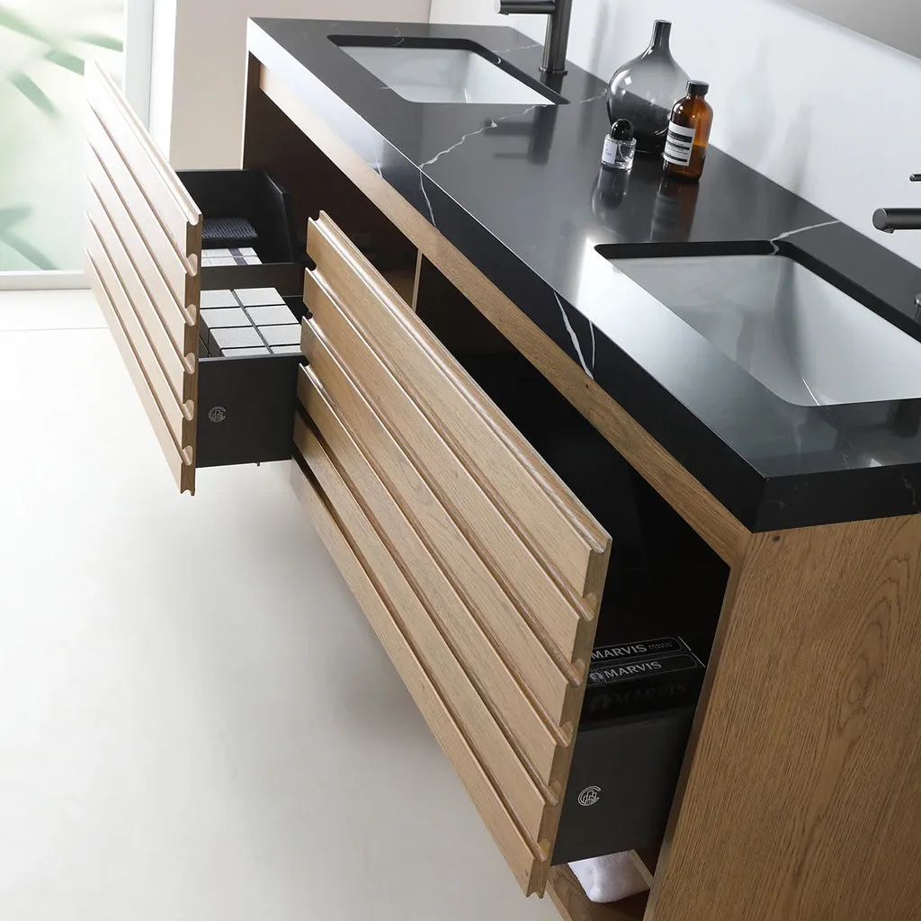 Matera 2 Drawers   1 Open Shelf Bathroom Vanity with Black Quartz Sink - Wall Mount - 72" Wood/Pecan Oak