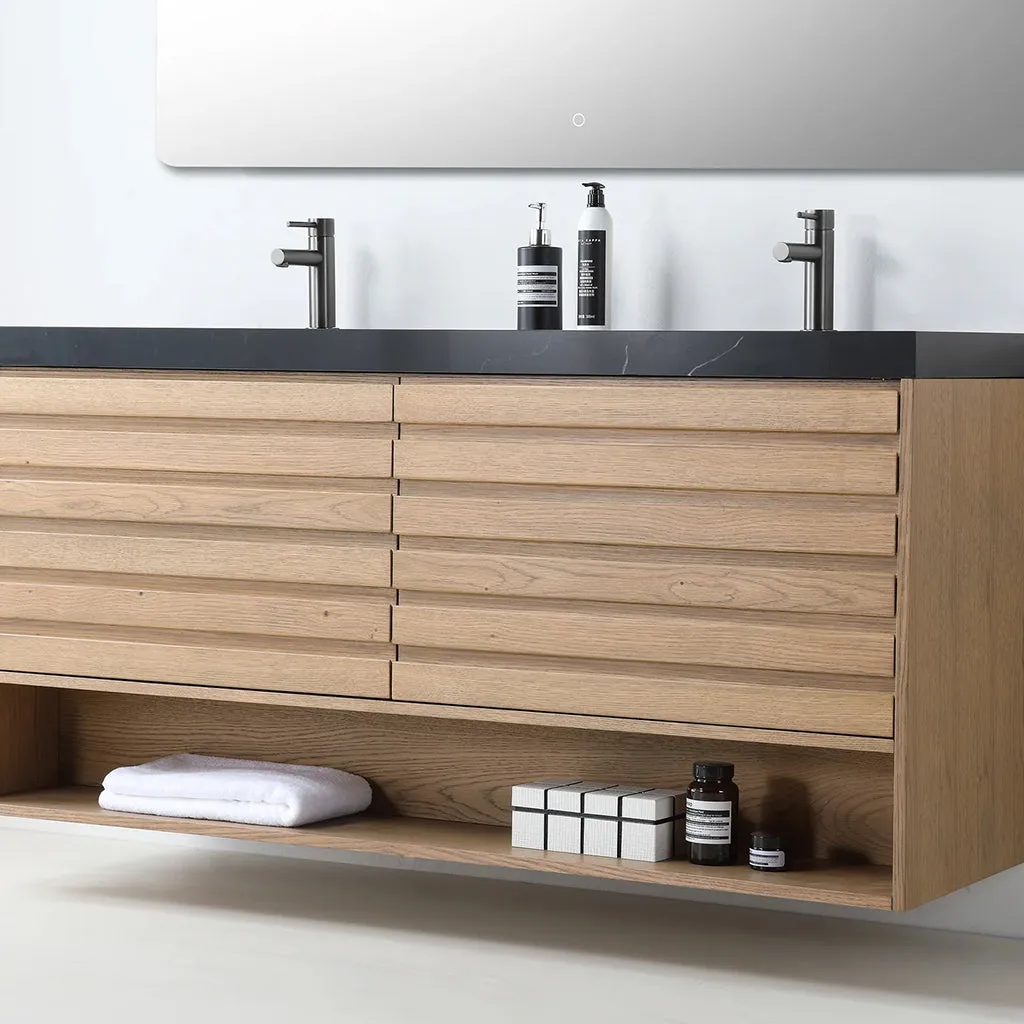 Matera 2 Drawers   1 Open Shelf Bathroom Vanity with Black Quartz Sink - Wall Mount - 72" Wood/Pecan Oak