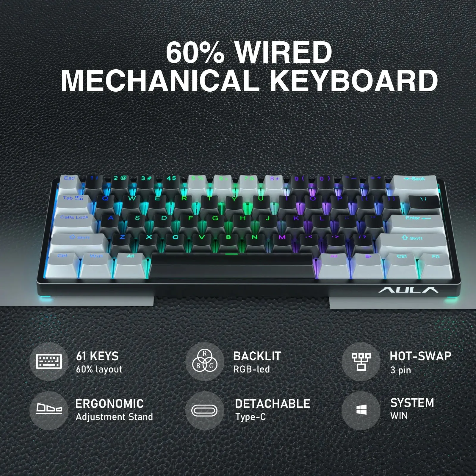 Mechanical Gaming Keyboard 60% Hot-swap RGB Customized Layout