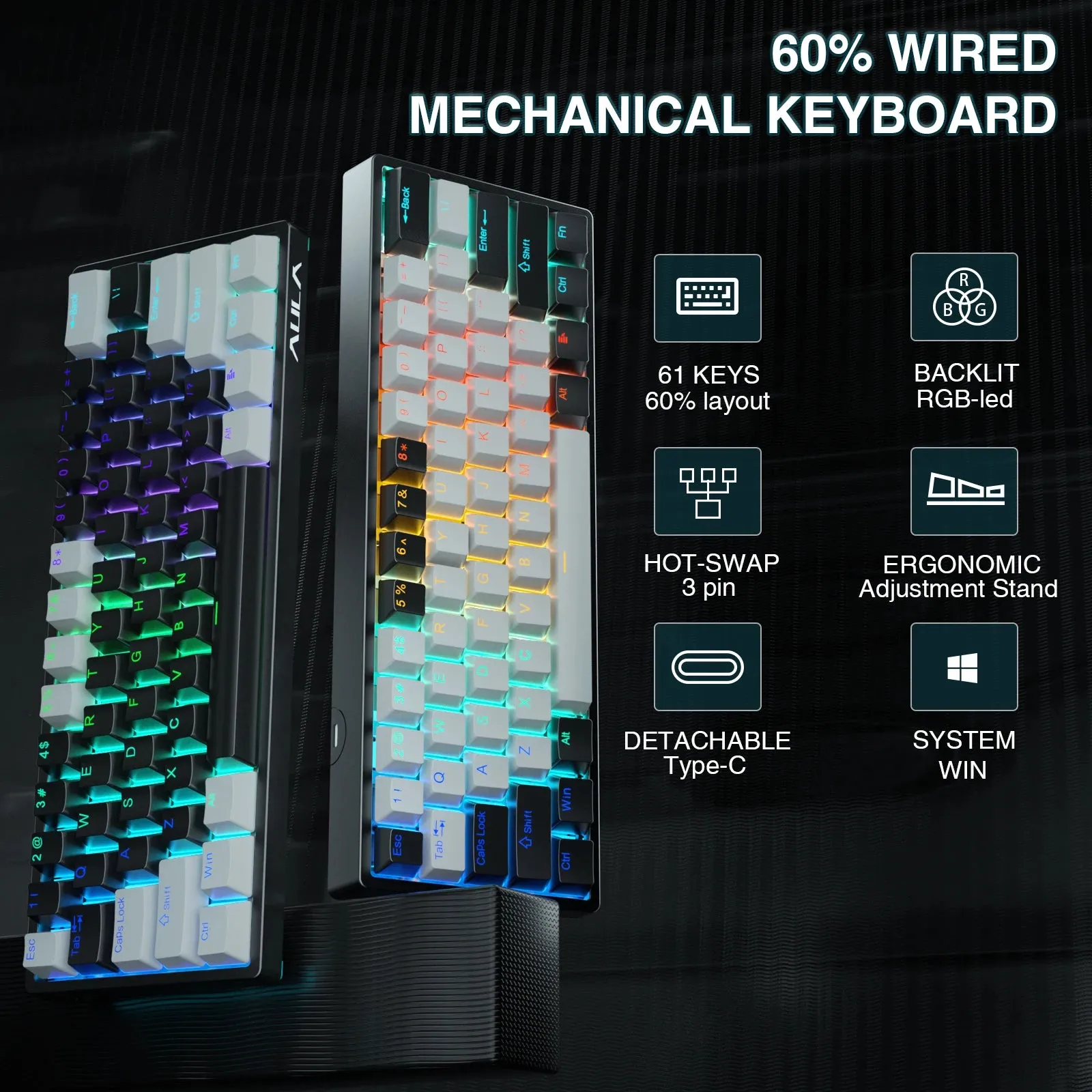 Mechanical Gaming Keyboard 60% Hot-swap RGB Customized Layout