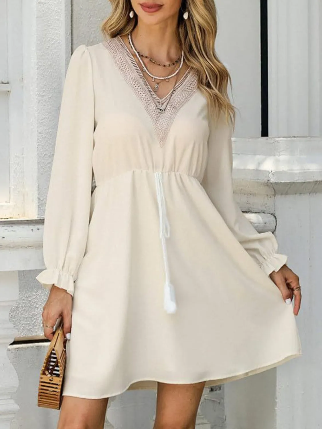 Melanie Tassel V-Neck Flounce Sleeve Dress