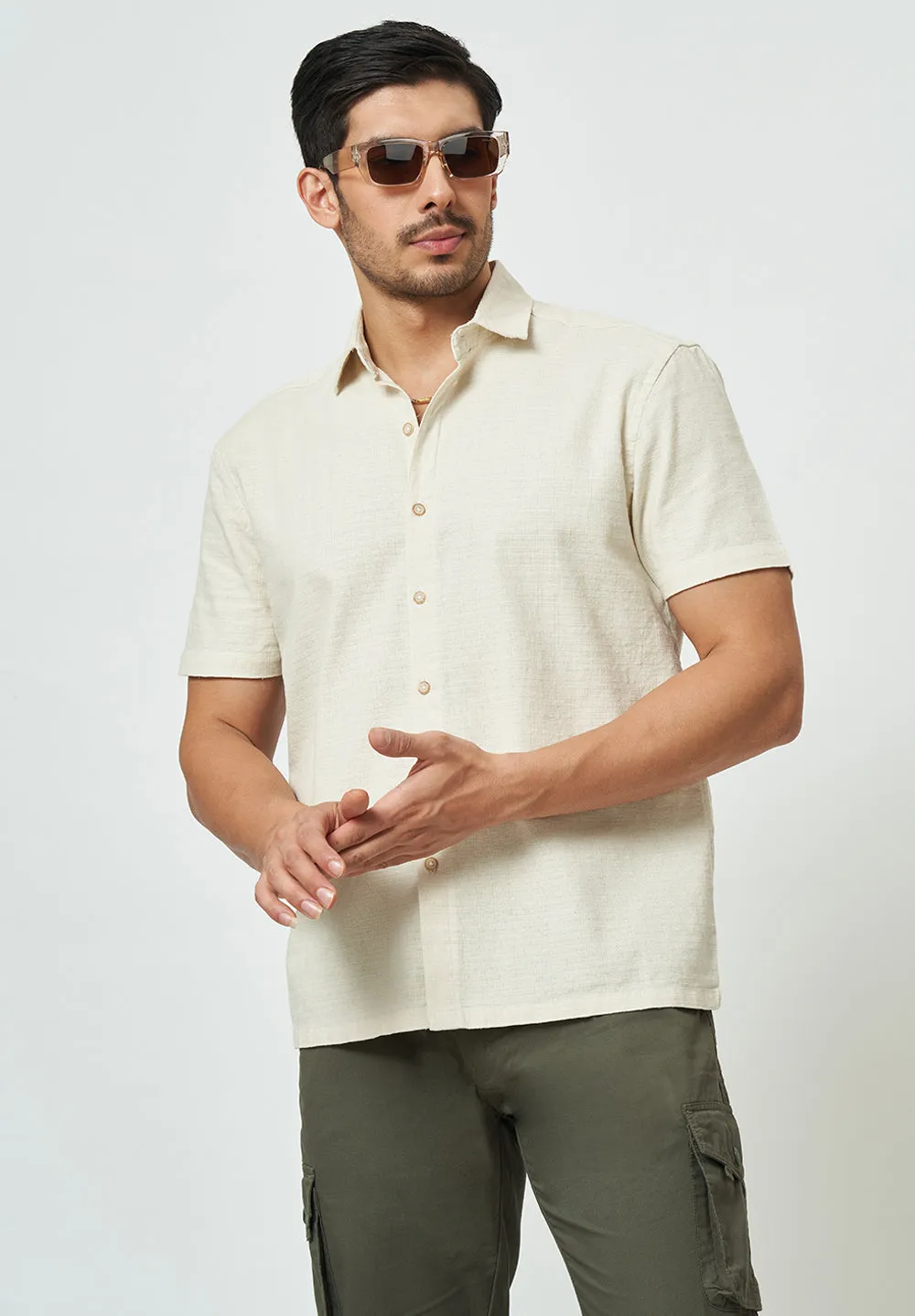 Men Beige Solid Casual Shirt