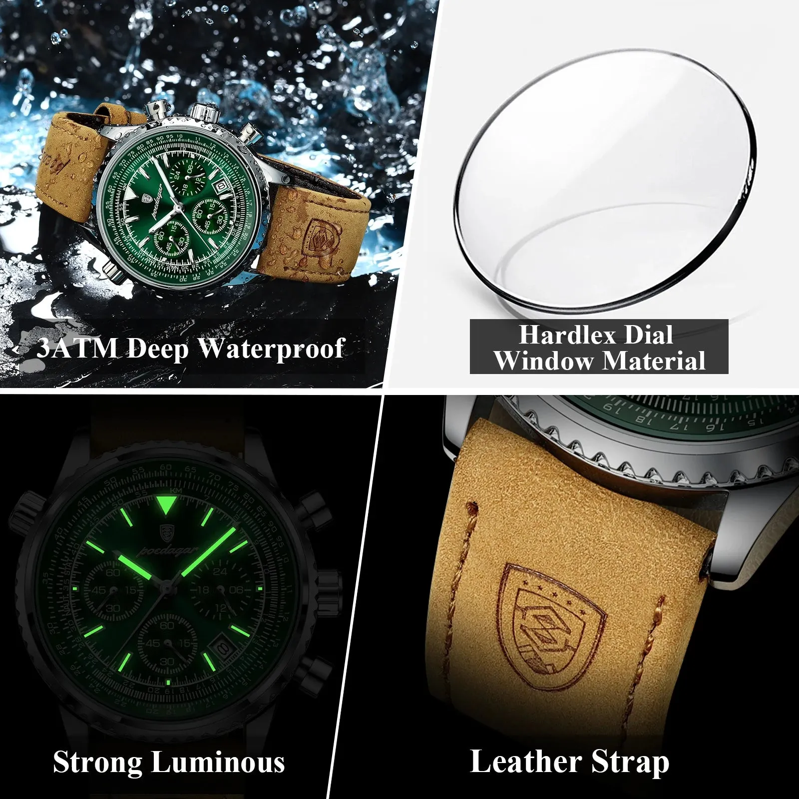 Men's Quartz Chronograph Watch - Waterproof Luminous Military Sports Wristwatch with Leather Strap