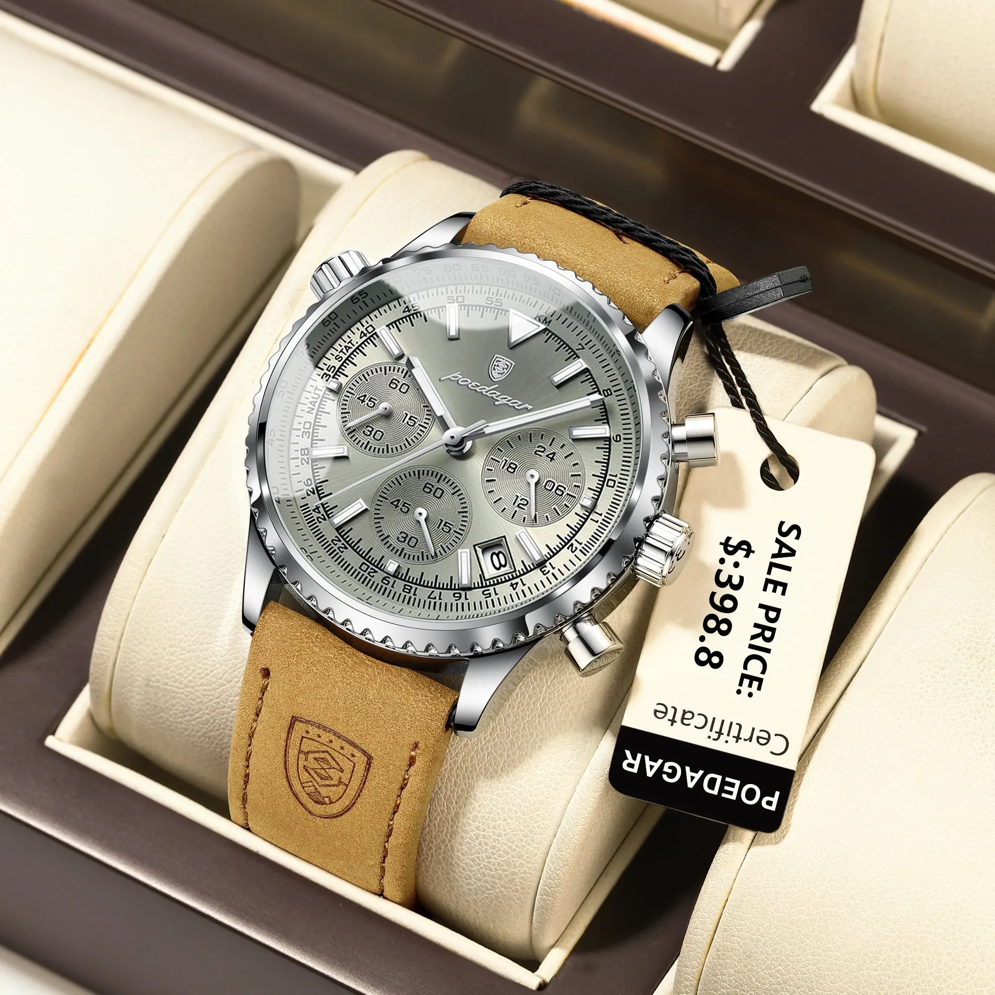 Men's Quartz Chronograph Watch - Waterproof Luminous Military Sports Wristwatch with Leather Strap