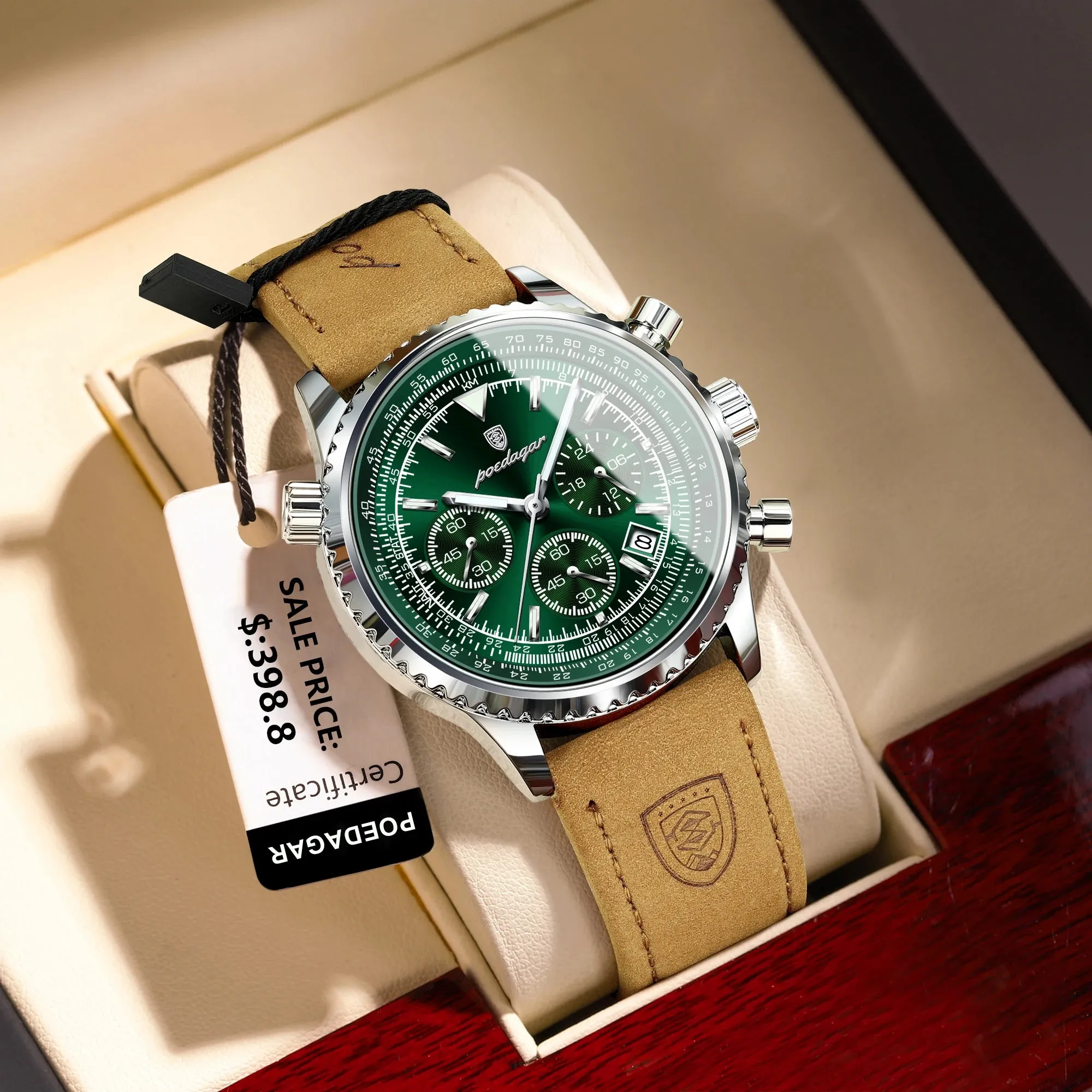 Men's Quartz Chronograph Watch - Waterproof Luminous Military Sports Wristwatch with Leather Strap